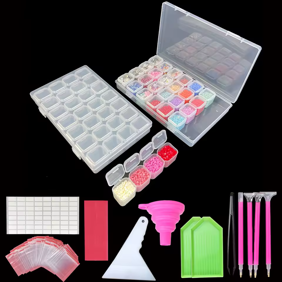 28 Grids Diamond Painting Tools Storage Box with Funnel, Sticker & Pen